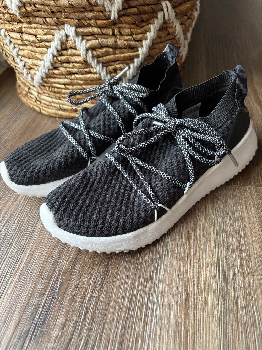 adidas CLOUDFOAM Black Knit Athletic Sneakers with White Sole